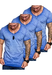 Amaci&Sons T-Shirt 3 NYC Herren Basic Oversize T-Shirt mit V-Ausschnitt Hellblau/Grau/Blau