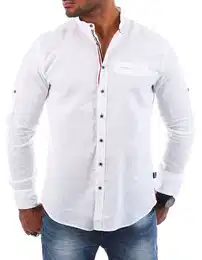 Langarmhemd Herren Baumwoll Leinen Mix Hemd einfarbig krperbetont 8444 Regular Langarm Stehkragen Uni