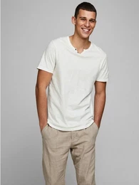 T-Shirt Basic T-Shirt V-Neck Kurzarm mit Knpfen JJESPLIT 5545 in Wei