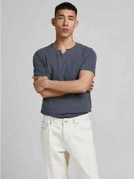 T-Shirt Basic T-Shirt V-Neck Kurzarm mit Knpfen JJESPLIT 5545 in Navy