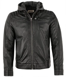 Lederjacke PB-HW 22-502 - Herren Lederjacke Bikerjacke Kapuze Lammnappa schwarz