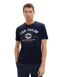 TOM TAILOR T-Shirt mit Logo-Print Dunkelblau/Beige