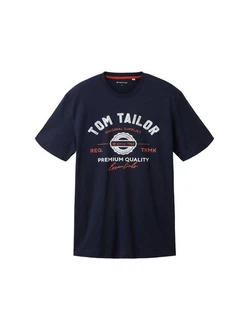 TOM TAILOR T-Shirt mit Logo-Print Dunkelblau/Beige