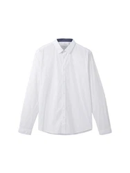 TOM TAILOR Hemd Langarmhemd STRETCH POPLIN Weiß/Dunkelblau/Creme