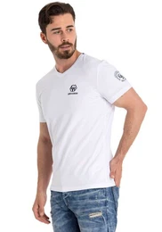 V-Shirt mit Markenlabel in Samt-Optik