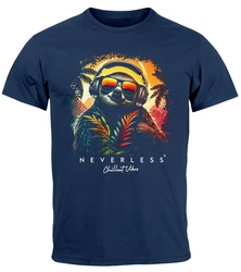 Neverless Print-Shirt Herren T-Shirt Musik DJ Chill Faultier Dunkelblau/Rosa/Gelb/Braun/Blau