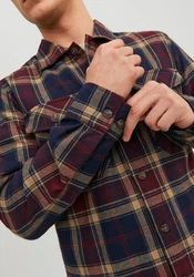 JACK & JONES Hemd JJEddie Overshirt Dunkelrot/Beige/Rot