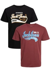 Jack & Jones T-Shirt 2-er Set Logo T-Shirt Kurzarm Basic Shirt JJELOGO (5576) Schwarz/Rot (5576)