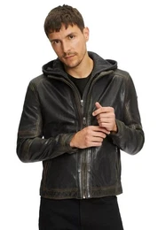Lederjacke Herren Bikerjacke mit abnehmbarer Kapuze aus Lammnappa Leder