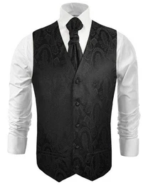 Anzugweste Herren Hochzeitsweste mit Plastron Set 2tlg paisley - Brutigam (Set, 2-tlg., mit Weste und Plastron) schwarz V2, Gr. 50 (S)