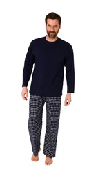 Trend by Normann Pyjama Herren Schlafanzug lang mit Flanell Hose Dunkelblau/Hellblau