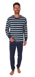 Normann Pyjama Herren langarm Frottee Schlafanzug Dunkelblau/Blau/Hellblau