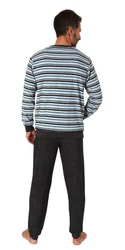 Normann Pyjama Herren langarm Frottee Schlafanzug Hellblau/Blau/Grau