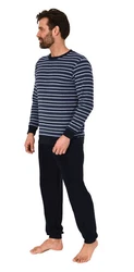 Normann Pyjama Herren langarm Frottee Schlafanzug Dunkelblau/Hellblau