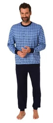 Normann Pyjama Herren Schlafanzug mit Bündchen Karo Optik Blau/Dunkelblau/Hellblau