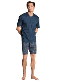 Pyjama Herren Kurzpyjama 46180 blau (1 Stck, 1 tlg., 1 Stck) mit bedruckter kurzer Hose