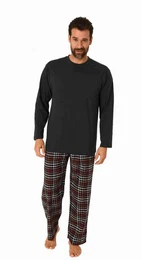 Pyjama Herren Schlafanzug langarm mit Flanell Hose, Oberteil unifarben