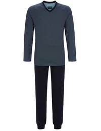 Pyjama Langer Herren Schlafanzug mit V-Ausschnitt 2241203 - Marine (2 tlg)