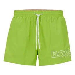 Badeshorts Mooneye mit plakativem Markenschriftzug auf dem linken Bein