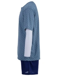 Lucky Schlafanzug Pyjama Set Shorty Knpfe Blau/Grau/Dunkelblau