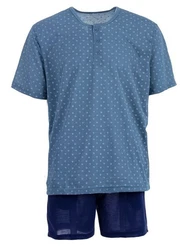 Lucky Schlafanzug Pyjama Set Shorty Knpfe Blau/Grau/Dunkelblau