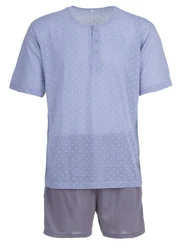 Lucky Schlafanzug Pyjama Set Shorty Knpfe Grau/Blau/Hellblau/Lila