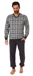 Pyjama Herren Langarm Schlafanzug mit Bndchen aus Jersey und karierten Top