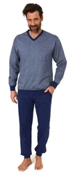 Normann Pyjama Herren langarm Schlafanzug mit Bündchen Blau/Dunkelblau/Grau
