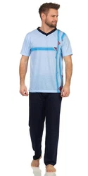 EloModa Pyjama Herren Sommer (2 tlg) Hellblau/Grau/Blau/Pastell