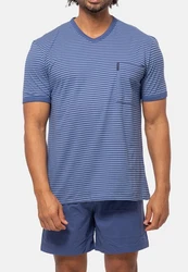 Ammann Pyjama Extra Light Cotton Set Blau/Grau/Dunkelblau