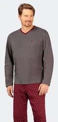 Hajo Schlafanzug Herren Pyjama mit V-Ausschnitt Bordeaux/Dunkelrot/Rot