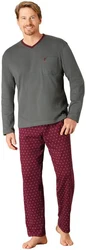 Hajo Schlafanzug Herren Pyjama mit V-Ausschnitt Bordeaux/Dunkelrot/Rot