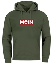 Neverless Hoodie Herren Schriftzug Moin Skull Totenkopf Aufdruck Print Parodie Dunkelgrün/Beige/Grün