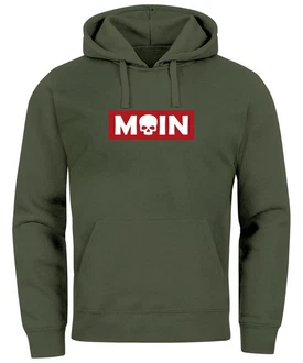 Neverless Hoodie Herren Schriftzug Moin Skull Totenkopf Aufdruck Print Parodie Dunkelgrün/Beige/Grün