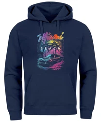 Neverless Hoodie Herren Miami Beach USA Oldtimer Car Print Dunkelblau/Blau