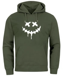 Neverless Hoodie Herren Bedruckt Techwear Fashion Streetstyle Smiling Face Dunkelgrün