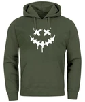 Neverless Hoodie Herren Bedruckt Techwear Fashion Streetstyle Smiling Face Dunkelgrün