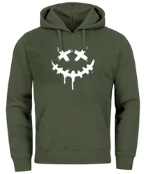 Neverless Hoodie Herren Bedruckt Techwear Fashion Streetstyle Smiling Face Dunkelgrün