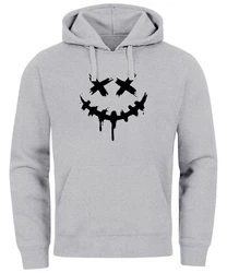 Neverless Hoodie Herren Bedruckt Techwear Fashion Streetstyle Smiling Face Grau/Hellgrau/Dunkelgrau
