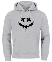 Neverless Hoodie Herren Bedruckt Techwear Fashion Streetstyle Smiling Face Grau/Hellgrau/Dunkelgrau
