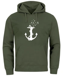 Neverless Hoodie Herren Trend Anker Vögel Motiv Norden Meer Dunkelgrün/Grün/Dunkelblau