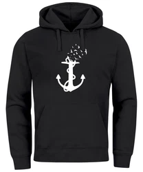 Neverless Hoodie Herren Trend Anker Vögel Motiv Norden Meer Dunkelblau/Schwarz