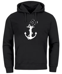 Neverless Hoodie Herren Trend Anker Vögel Motiv Norden Meer Dunkelblau/Schwarz
