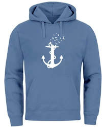 Neverless Hoodie Herren Trend Anker Vögel Motiv Norden Meer Blau/Hellblau/Dunkelblau