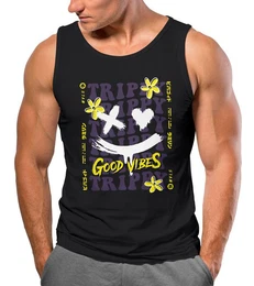 Tanktop Herren Tank-Top Drip Face Smile Good Vibes Herz Blumen Collage mit Print