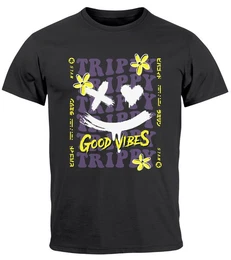 Print-Shirt Herren T-Shirt Drip Face Print Smile Good Vibes Herz Blumen Collage mit Print