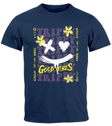 Print-Shirt Herren T-Shirt Drip Face Print Smile Good Vibes Herz Blumen Collage mit Print