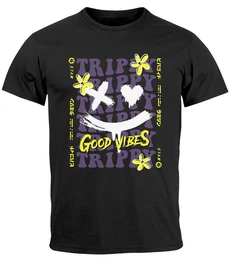 Print-Shirt Herren T-Shirt Drip Face Print Smile Good Vibes Herz Blumen Collage mit Print