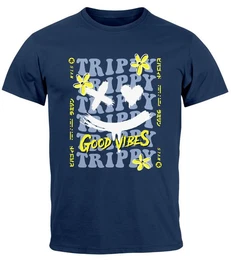 Print-Shirt Herren T-Shirt Drip Face Print Smile Good Vibes Herz Blumen Collage mit Print