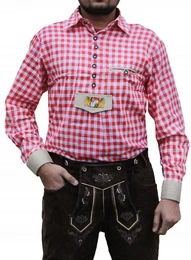 Trachtenhemd GW1218 Red Wappen Langarm krempelarm bestickt kariert verziert Hemd mit Stickerei karo
